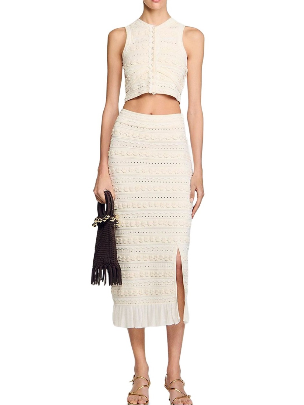 Sandro Cream Knit Midi Skirt with Front Slit - Picture 1 of 5